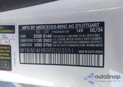 2024 Mercedes-Benz C 300 from USA, damaged, VIN W1KAF4HB0RR203551